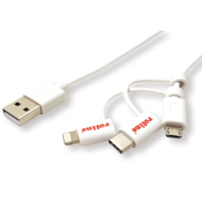 Roline USB2.0 kabel za punjenje i prijenos podataka, 8pin + MicroB + Type-C, 1.0m, bijeli  /11.02.8329